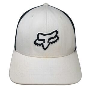 Fox Trucker Hat White Black One Size Snapback Mesh Embroidered Logo Cap